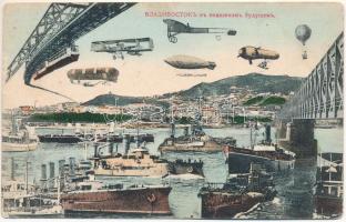 Vladivostok, Vlagyivosztok; in the future montage, airship, aircraft, steamship, bridge (EK)