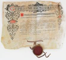 1930 Műegyetem gépészmérnöki diploma papíron, függő viaszpecséttel. foltos