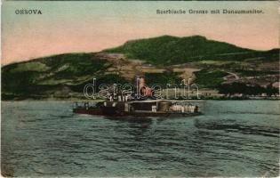 1910 Orsova, Serbische Grenze mit Donaumonitor. K.u.K. Kriegsmarine, Donauflottille / Szerb határ dunai monitorral, nagy valószínűséggel az SMS Szamossal. Dunaflottilla / Austro-Hungarian Navy, Danube Fleet River Guard ship near the Serbian border, most likely SMS SZAMOS (EK)