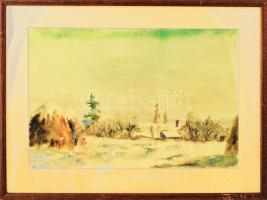 Jelzés nélkül: Téli táj. Akvarell, papír. Üvegezett fakeretben. 28,5x43 cm