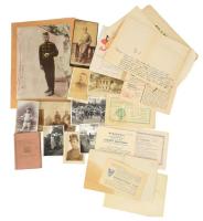 Vegyes papírrégiség tétel: érdekes fotók, benne katonai is, reklám nyomtatványok, igazolványok