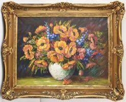 Korányi K. Mária (1952-): Virágcsendélet. Olaj, vászon, jelzett. Dekoratív fakeretben, 60×80 cm. KIZÁRÓLAG SZEMÉLYES ÁTVÉTEL, NEM POSTÁZZUK! / ONLY PERSONAL COLLECTION AT OUR OFFICE.
