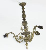 Szecessziós háromágú bronz csillár, 1-1 sérüléssel, m: 72 cm