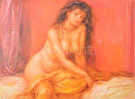 Csomor Katalin (1945-): Női akt. Olaj, farost, jelzett. Kissé sérült (felületi, korábbi keretezésből fakadó felületi sérülésekkel). 60x80 cm