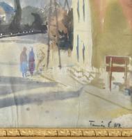Tamás Ervin (1922-1996): Utcarészlet sétálókkal. Akvarell, papír, jjl.: Tamás E. Foltos, kissé sérül...