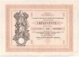 Makó 1929. "Makói Népbank Részvénytársaság" részvénye 50P-ről, szelvényekkel, szárazpecsét...