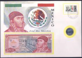 Mexikó 1977. 20P T:I + 1985. 1P T:1- nagyalakú bélyeges, érmés-bankjegyes borítékon, ismertetővel