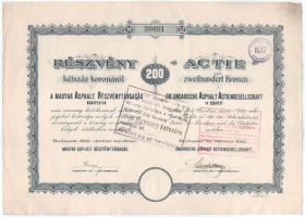 Budapest 1920. "Magyar Asphalt Részvénytársaság" részvénye 200K-ról, magyar és német nyelv...