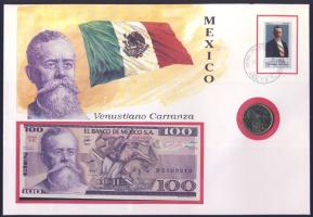 Mexikó 1982. 100P T:I + 1988. 100P T:2 nagyalakú bélyeges, érmés-bankjegyes borítékon, ismertetővel