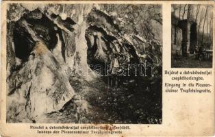Detrekőváralja, Plossenstein, Plavecké Podhradie; részlet a cseppkőbarlang belsejéből, bejárat a cseppkőbarlangba. Malaczkai könyvnyomda (Wiesner A.) kiadása / Inneres der Plossensteiner Tropfsteingrotte, Eingang / stalactite cave, entrance, interior (lyukak / pinholes)