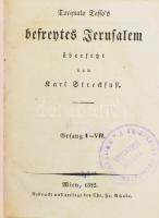 Tasso, Torquato: Befreytes Jerusalem. Übersetzt von Karl Streckfuß. I-II. köt. [Egy kötetben]. I.: Gesang I-VII. II.: Gesang VIII-XIV. Wien, 1825, Chr. Fr. Schade, 177 p.; 160 p. Német nyelven. Aranyozott gerincű félbőr-kötésben, nagyrészt jó állapotban, kissé kopott borítóval, régi intézményi bélyegzőkkel.