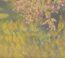 Jelzés nélkül, XX. sz. eleje: Leselkedő ámor. Olaj, fa. Üvegezett, sérült fakeretben. 31x14,5 cm