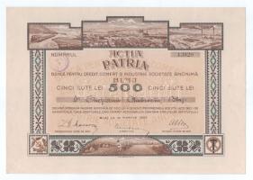 Románia / Balázsfalva 1927. "Balázsfalvi Hitel-, Kereskedelmi és Ipari Bank Részvénytársaság" részvénye 500L-ről román és magyar nyelven, szárazpecséttel, szelvényekkel T:AU Romania / Balj 1927. "Bank for Credit, Commerce and Industry Share Company of Blaj" share about 500 Lei in Romanian and Hungarian, with embossed stamp and coupons C:AU