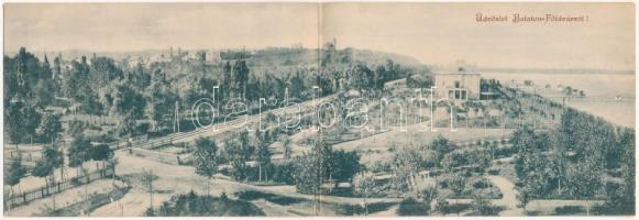 1901 Balatonföldvár, látkép a Balaton partjáról, villa, vasútvonal, vasúti átjáró, fürdőkabinok. 2-részes kihajtható panorámalap (fl)