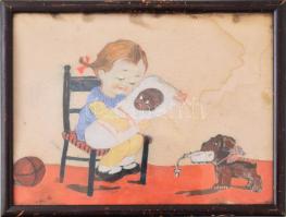 Jelzés nélkül: Lányka kiskutyával és csecsemővel. Akvarell, selyem. Foltos. 17x22 cm. Üvegezett fakeretben.