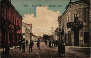 1917 Stryi, Stryj, Strij; Ul. Sobieskiego, Apteka / Sobieski Gasse. Leon Rosenschein / street, pharmacy of Józef Aichmüller, shops + "K.u.k. Feldpostamt 117" (EK)