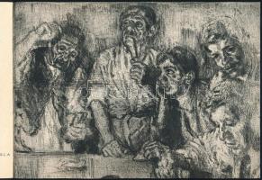 Pirk János (1903-1989): Kártyázók. Rézkarc, papír, jelzés nélkül. Képcsanok Vállalat 1965-ben rendezett Pirk János kiállítási meghívóján. 16×22,5 cm