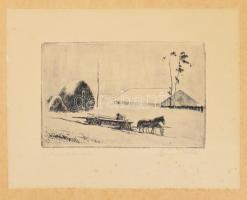 Szőnyi István (1894-1960): Betakarítás. Rézkarc, papír, jelzett, lapszéli apró foltokkal, kartonra kasírozva, 9,5×14 cm