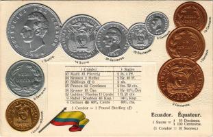 Ecuador / Équateur / Set of coins, currency exchange chart and flag of Ecuador. M. H. Berlin-Oranienburg-Eden. Emb. litho (pinhole)