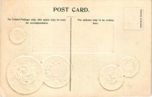Japan II. / Set of coins, currency exchange chart and flag of Japan. H.S.M. 218054. Emb. litho (lyuk...