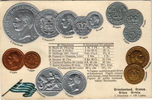 Griechenland / Grecia / Set of coins, currency exchange chart and flag of Greece. M.H. Berlin-Oranienburg-Eden. Emb. litho (lyuk / pinhole)