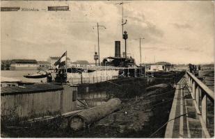 1914 K.u.K. Kriegsmarine Donauflottille / Császári és Királyi Haditengerészet Dunaflottilla "Temes" monitor lehorgonyozva a Szávaszentdemeterben a Száva-parton, matrózok a fedélzeten. L. Topalovic kiadása / WWI Austro-Hungarian Navy Danube Fleet river guard monitor SMS TEMES anchored along the Sava riverside in Sremska Mitrovica, mariners on board, naval flag (ragasztónyom / glue mark)