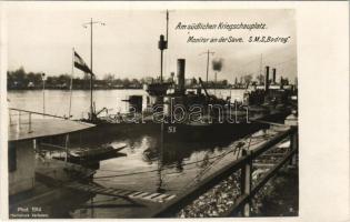 Am südlichen Kriegsschauplatz. Monitor an der Save SMS BODROG. K.u.K. Kriegsmarine Donauflottille / Császári és Királyi Haditengerészet Dunaflottilla "BODROG" monitor kikötve a Száván / WWI Austro-Hungarian Navy Danube Fleet river guard monitor SMS BODROG moored next to tugboat S1 on the Sava river. Postkartenverlag Brüder Kohn Wien I. Phot. 1914.