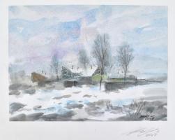 Balázs György (1927-2015): Téli táj, 2007. Akvarell, papír, jelzett, papírra kasírozva. 21x29,5 cm