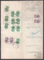 1946 Mezőkövesdi járásbírósági irat, rajta inflációs bélyegek, 14 db