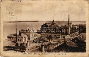 Mohács, Duna parti részlet a selyemgyárral, hajóállomás (fl)