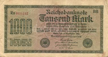 Német Birodalom / Weimari Köztársaság 1922. 1000M (2x) "Dornen" vízjellel, a "Reichsbanknote" szóban lemezhibával T:II,III