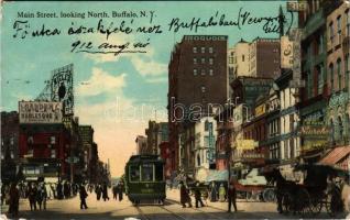 1912 Buffalo (New York), Main Street, looking North, Garden Burlesque, Iroquois, Niarchos, Elgin, Fleischmann's, More's Hatte, Garner's, market, tram, shops (small tear)