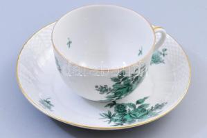 Herendi zöld rózsa mintás kávés csésze alátéttel, jelzett, d: 16 cm