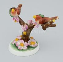Herendi madár pár virágos faágon. Kézzel festett, jelzett, hibátlan, m: 8 cm