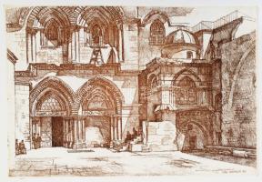 Zádor István (1882-1963)7 darab eredeti rézkarca Jeruzsálemről. Szolnok, 1995, Viktória Kft., 1 sztl. lev. + 7 (rézkarcok, rézkarc, papír, jelzett a dúcon, hártyapapír előzékekkel) t. A rézkarcokat sokszorosította Pataky Béla grafikusművész, az albumokat készítette Tarapcsik Sándor könyvkötészete, Kecskemét. Aranyozott, díszes karton mappában, kissé kopott, foltos borítóval, a hátsó tábla felső sarkán sérüléssel. Számozott, 282. sorszámú példány