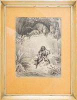 Gustave Doré (1832-1883): Szoptató anya a vadonban. Litográfia, papír, jelzett a litográfián. Üvegezett, kissé kopott fakeretben. 27x20 cm