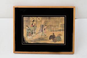 Japán művész: Jelenet. Fametszet, papír, jelzés nélkül. Üvegezett fakeretben. 22x35 cm