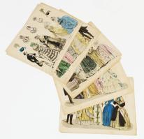 cca 1840-1850 Színes divatillusztrációk az Allgemeine Moden-Zeitung c. magazinból, 9 db, változó állapotban, lapméret: 22x29 cm körül