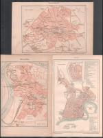 cca 1900 Bukarest, Belgrád és Arad városok térképei, 3 db várostérkép, Pallas Nagy Lexikona, Bp., Pallas, 15x23 cm