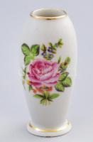 Herendi rózsamintás miniatűr váza, jelzett, aranyozáson kopással, m: 7 cm
