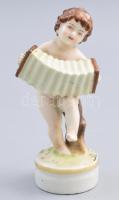 Harmonikás puttó. Jelzett német porcelán szobor, kézzel festett, hibátlan, m: 12 cm