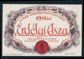 1911 Erdélyi Aszu, báró Szentkereszthy György hosszúaszói termése a küküllőmenti borvidékről, dekoratív italcímke, szép állapotban