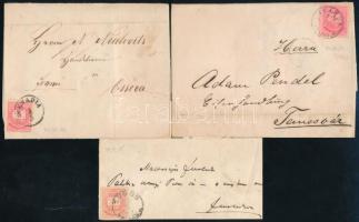 1875-1881 3 db Levél Színesszámú 5kr bélyegekkel bérmentesítve "LUGOS", "MEHADIA", IVÁNDA / TORONT.M."