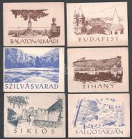 cca 1950 6 db Városképes leporello Balatonalmádi, Szilvásvárad, Siklós, Budapest, Tihany, Salgótarján