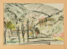 Tallós Ilona (1918-1991): Balatonfelvidéki táj. Akvarell, kréta, papír, jelezve jobbra lent, paszpartuban, 23×33,5 cm