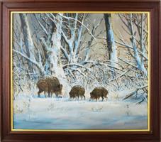Pankotai Sándor (1959-): Vaddisznók. Olaj, farost, jelzett. Dekoratív fakeretben. 60×70 cm.