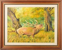 Antal László (1962-): Bőgés (Szarvas). Olaj, farost, jelzett. Dekoratív fakeretben. 48×62,5 cm.