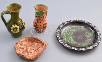 4 darab mázas kerámia tárgy, közte jelzett, mázhibával, d: 18 cm alatt