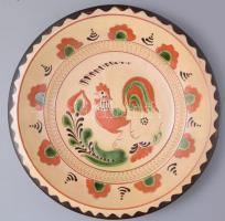 Kakasmintás mázas kerámia falitál, Karcag, kis mázhibával, d: 32 cm