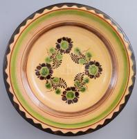 Karcagi mázas falitál, jelzett, kis mázhibával, d: 32 cm